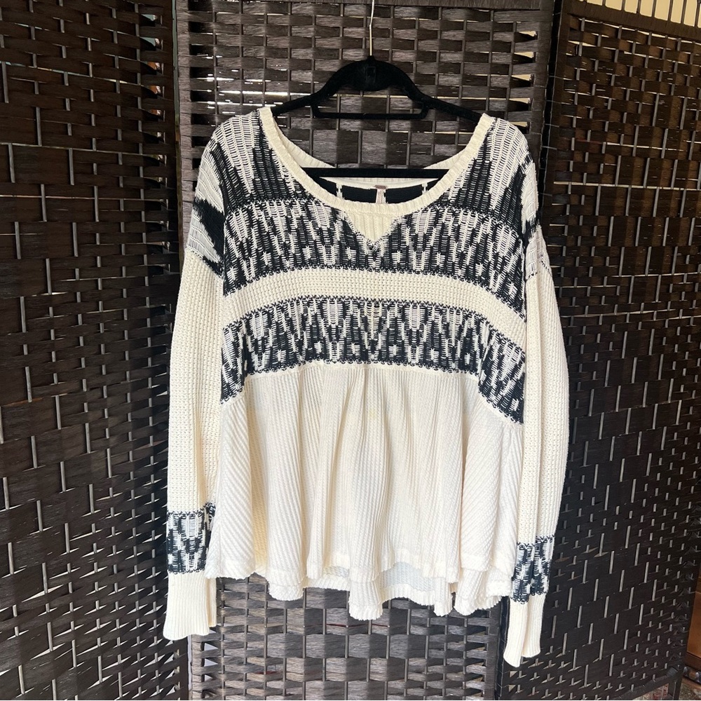 Free People Aztec Knit Thermal Pullover Top, Black/Cream, Size Medium